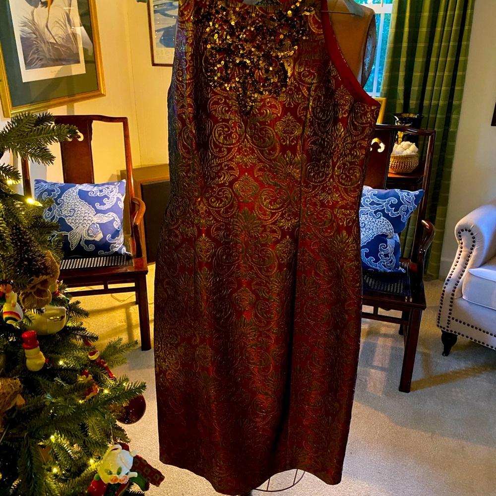 Maggie London brocade party dress with sequins